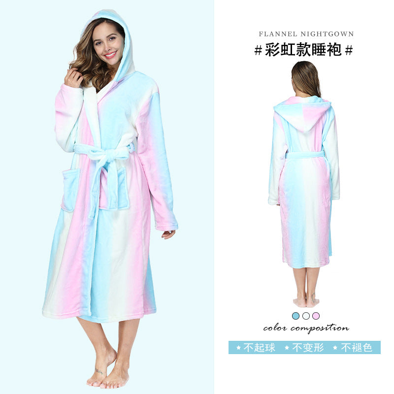 Wholesale Flannel Print Rainbow Hooded Big Pockets Autumn and Winter Long Couple Pajamas